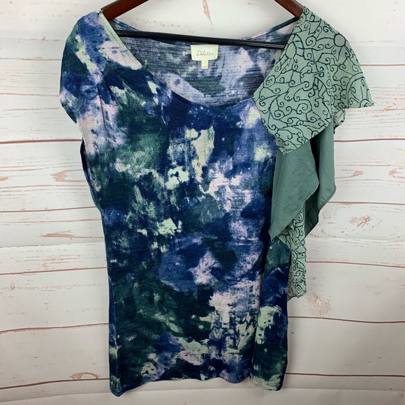 Anthropologie Tops - Anthro Deletta Blue Print Green Ruffle Sleeve Top